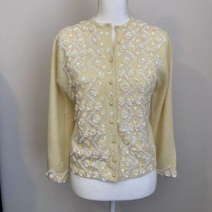 Vintage MADEMOISELLE Hand-Beaded Cardigan, Pale Yellow, size S/M, stunni…